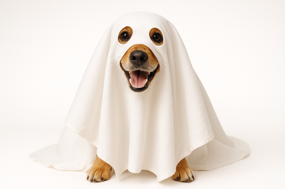 Dog in ghost Halloween costume