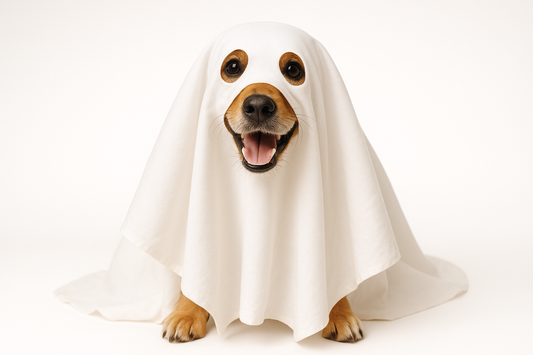 Dog in ghost Halloween costume